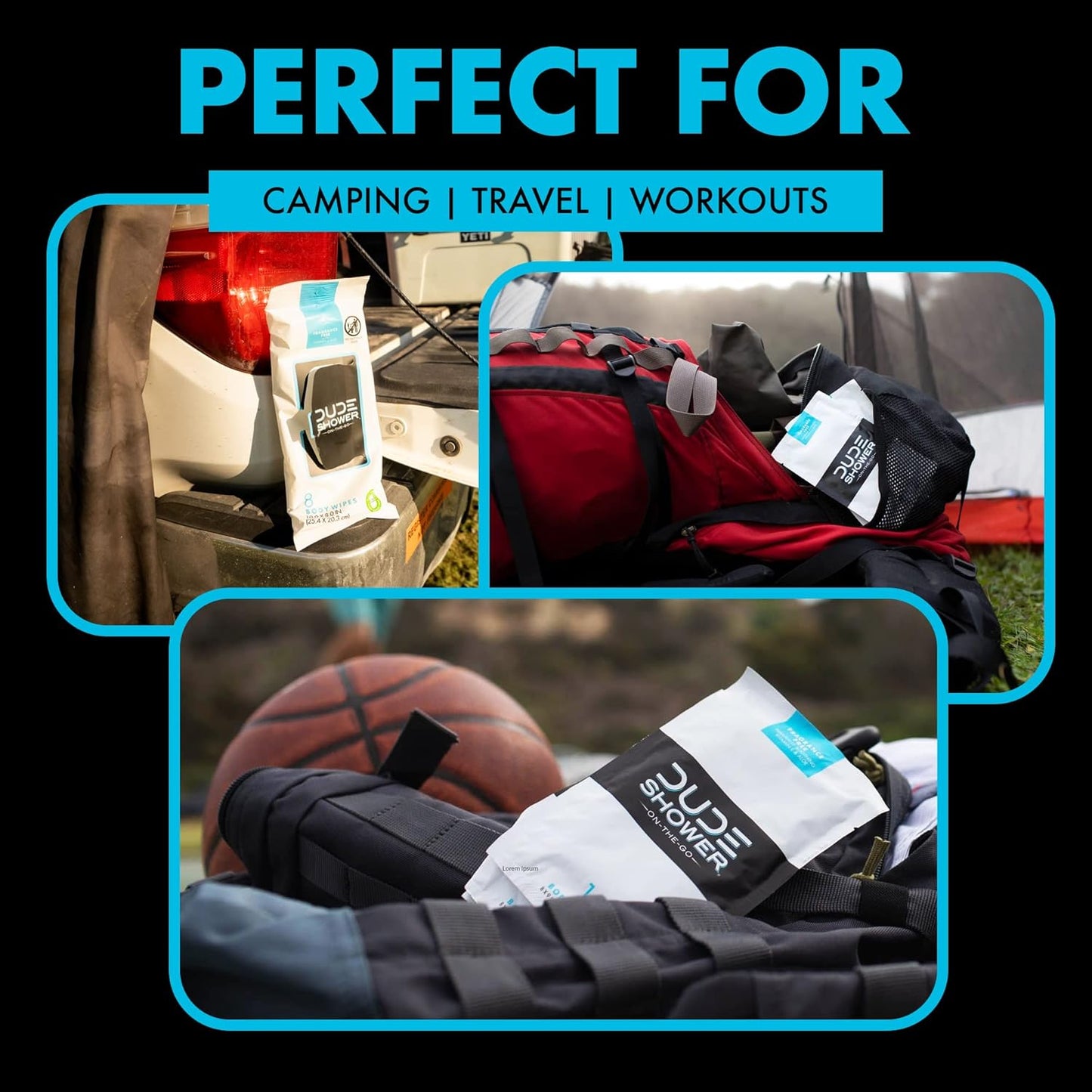 DUDE Shower Body Wipes (3 Packs, 8 Wipes Each) Unscented Naturally Soothing Aloe and Hypoallergenic, Portable Travel-Sized Individual Cleansing Cloths for Men