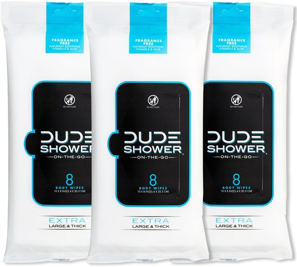 DUDE Shower Body Wipes (3 Packs, 8 Wipes Each) Unscented Naturally Soothing Aloe and Hypoallergenic, Portable Travel-Sized Individual Cleansing Cloths for Men