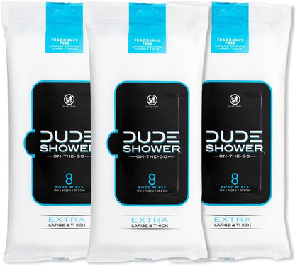 DUDE Shower Body Wipes (3 Packs, 8 Wipes Each) Unscented Naturally Soothing Aloe and Hypoallergenic, Portable Travel-Sized Individual Cleansing Cloths for Men