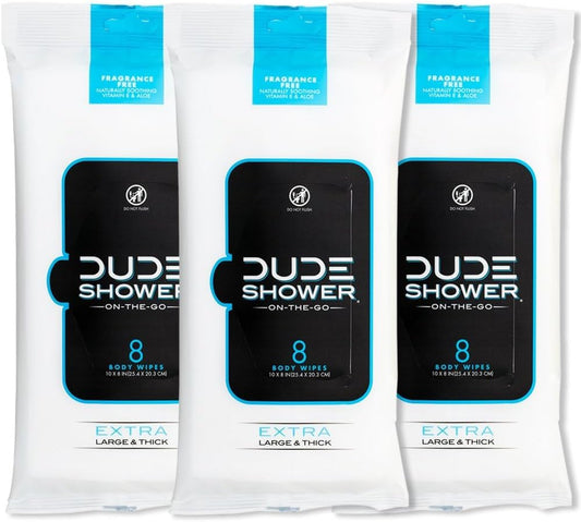 DUDE Shower Body Wipes (3 Packs, 8 Wipes Each) Unscented Naturally Soothing Aloe and Hypoallergenic, Portable Travel-Sized Individual Cleansing Cloths for Men