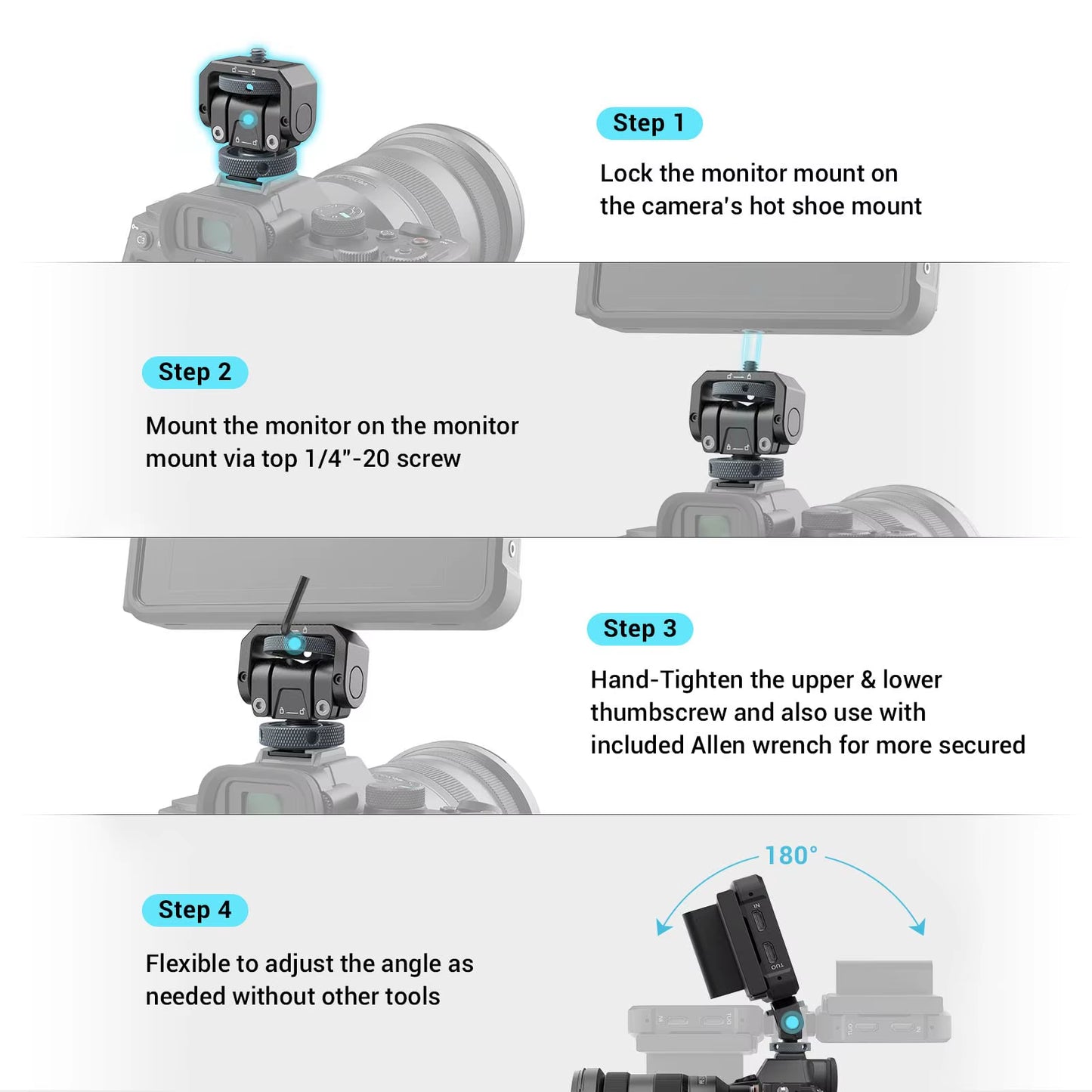 Monitor Mount Lite with Cold Shoe Swivel 360° and Tilt 180° Holder for Monitor LED & Video Shoot Accessories Magic Arm