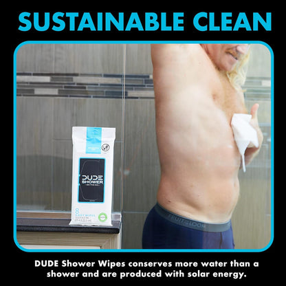 DUDE Shower Body Wipes (3 Packs, 8 Wipes Each) Unscented Naturally Soothing Aloe and Hypoallergenic, Portable Travel-Sized Individual Cleansing Cloths for Men