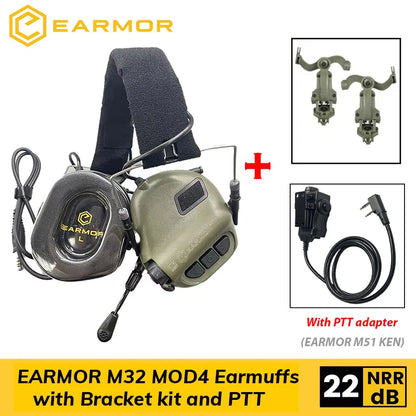 EARMOR M32 MOD4 Shooting Earmuffs Tactical Noise Reduction Headset with Helmet ARC Rail Adapter with Kenwood PTT Adapter New