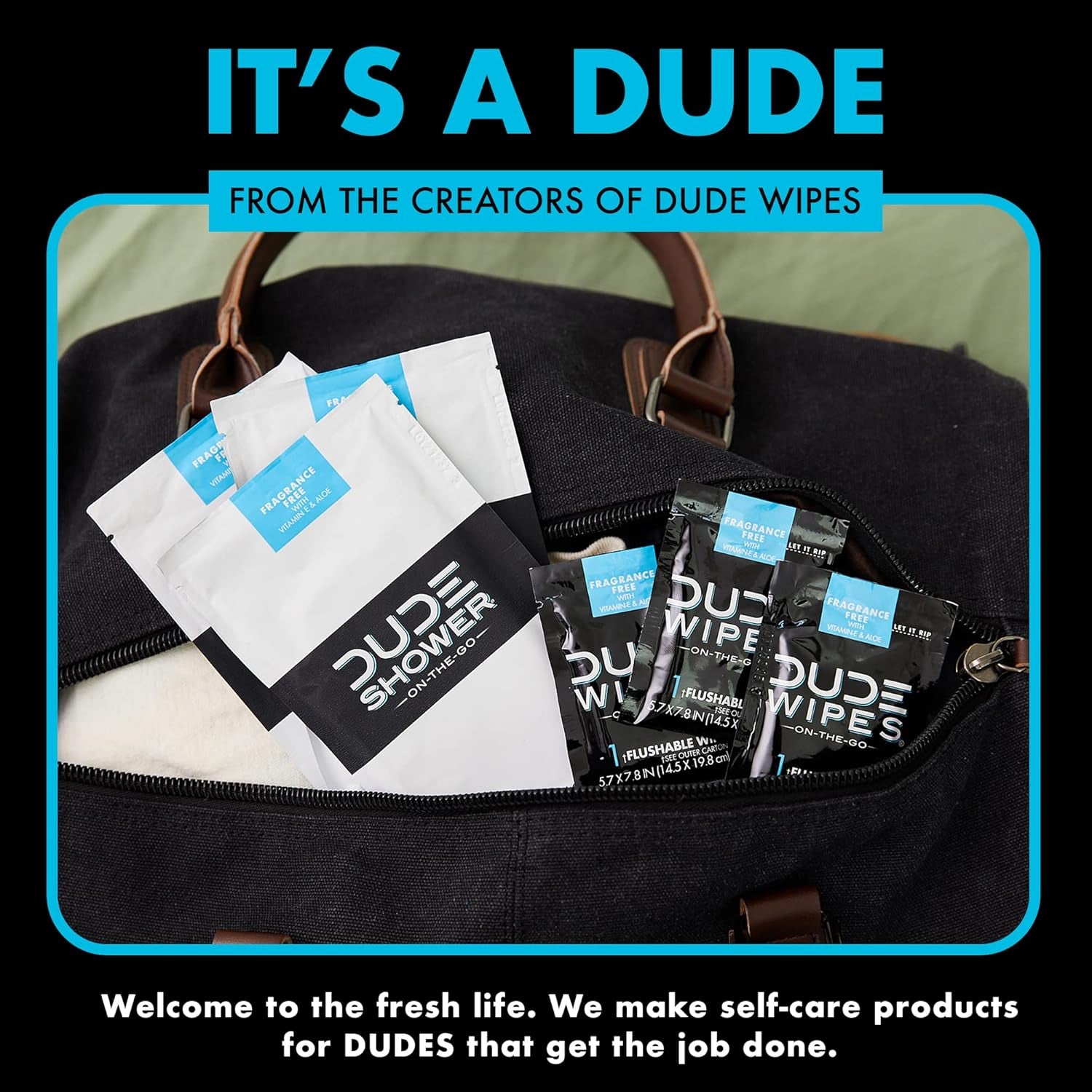 DUDE Shower Body Wipes (3 Packs, 8 Wipes Each) Unscented Naturally Soothing Aloe and Hypoallergenic, Portable Travel-Sized Individual Cleansing Cloths for Men