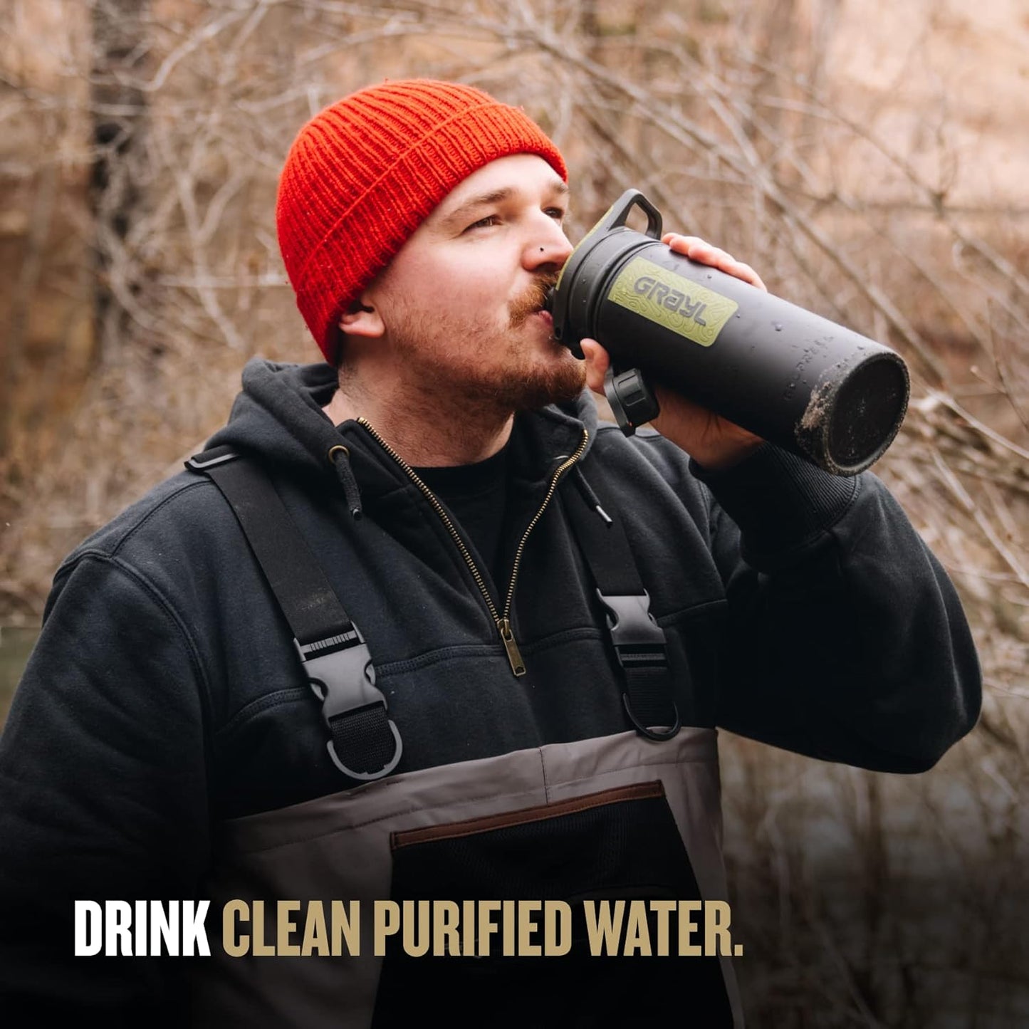 Geopress 24 Oz Water Purifier Bottle - Filter for Hiking, Camping, Survival, Travel (Black Camo)